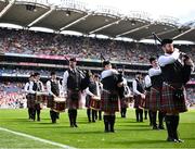 29 June 2025; The St Joseph's Pipe Band from Clondalkin in Dublin performing at half-time in the GAA Football All-Ireland Senior Championship quarter-final match between Meath and Galway at Croke Park in Dublin. Photo by Piaras Ó Mídheach/Sportsfile