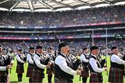 29 June 2025; The St Joseph's Pipe Band from Clondalkin in Dublin performing at half-time in the GAA Football All-Ireland Senior Championship quarter-final match between Meath and Galway at Croke Park in Dublin. Photo by Piaras Ó Mídheach/Sportsfile