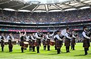 29 June 2025; The St Joseph's Pipe Band from Clondalkin in Dublin performing at half-time in the GAA Football All-Ireland Senior Championship quarter-final match between Meath and Galway at Croke Park in Dublin. Photo by Piaras Ó Mídheach/Sportsfile