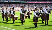 29 June 2025; Pat Nolan, centre, playing with the St Joseph's Pipe Band in Clondalkin in Dublin at half-time in the GAA Football All-Ireland Senior Championship quarter-final match between Meath and Galway at Croke Park in Dublin. Photo by Piaras Ó Mídheach/Sportsfile