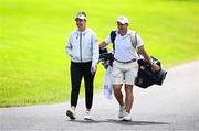 2 July 2025; Georgia Hall of England with her caddie, former Irish golfer, Paul Dunne during the Pro Am ahead of the 2025 KPMG Women’s Irish Open Golf Championship at Carton House Golf Club in Maynooth, Kildare. Photo by Seb Daly/Sportsfile