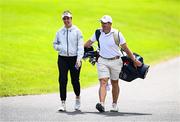 2 July 2025; Georgia Hall of England with her caddie, former Irish golfer, Paul Dunne during the Pro Am ahead of the 2025 KPMG Women’s Irish Open Golf Championship at Carton House Golf Club in Maynooth, Kildare. Photo by Seb Daly/Sportsfile