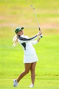 2 July 2025; Sara Byrne of Ireland watches her shot from the 10th fairway during the Pro Am ahead of the 2025 KPMG Women’s Irish Open Golf Championship at Carton House Golf Club in Maynooth, Kildare. Photo by Seb Daly/Sportsfile