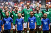 29 June 2025; Republic of Ireland players, from left, Chloe Mustaki, Tyler Toland, Anna Patten, Marissa Sheva and Kyra Carusa stand for the playing of the National Anthem before the women's international friendly match between the USA and Republic of Ireland at TQL Stadium in Cincinnati, Ohio, USA. Photo by Stephen McCarthy/Sportsfile