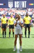 29 June 2025; Dana Hill performs the national anthem before the women's international friendly match between the USA and Republic of Ireland at TQL Stadium in Cincinnati, Ohio, USA. Photo by Stephen McCarthy/Sportsfile