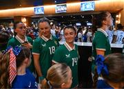 29 June 2025; Republic of Ireland players, from left, Abbie Larkin, Kyra Carusa, Marissa Sheva and Anna Patten before the women's international friendly match between the USA and Republic of Ireland at TQL Stadium in Cincinnati, Ohio, USA. Photo by Stephen McCarthy/Sportsfile