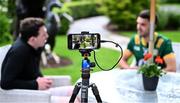 2 July 2025; Meath footballer Ciarán Caulfield is interviewed by Tommy Rooney from Off the Ball during a Meath Football media conference at Bective Stud in Balgil, Navan, Meath, ahead of the GAA Football All-Ireland Senior Championship semi-final match between Meath and Donegal next week. Photo by Piaras Ó Mídheach/Sportsfile