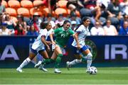 29 June 2025; Sam Meza of United States in action against Marissa Sheva of Republic of Ireland during the women's international friendly match between the USA and Republic of Ireland at TQL Stadium in Cincinnati, Ohio, USA. Photo by Stephen McCarthy/Sportsfile