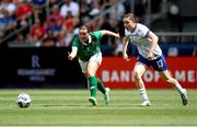 29 June 2025; Tyler Toland of Republic of Ireland in action against Olivia Moultrie of United States during the women's international friendly match between the USA and Republic of Ireland at TQL Stadium in Cincinnati, Ohio, USA. Photo by Stephen McCarthy/Sportsfile