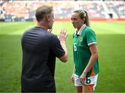 29 June 2025; Megan Connolly of Republic of Ireland and assistant head coach Alan Mahon during the women's international friendly match between the USA and Republic of Ireland at TQL Stadium in Cincinnati, Ohio, USA. Photo by Stephen McCarthy/Sportsfile