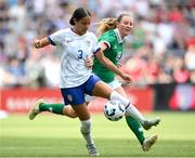 29 June 2025; Jordyn Bugg of United States in action against Kyra Carusa of Republic of Ireland during the women's international friendly match between the USA and Republic of Ireland at TQL Stadium in Cincinnati, Ohio, USA. Photo by Stephen McCarthy/Sportsfile