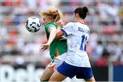 29 June 2025; Amber Barrett of Republic of Ireland in action against Izzy Rodriguez of United States during the women's international friendly match between the USA and Republic of Ireland at TQL Stadium in Cincinnati, Ohio, USA. Photo by Stephen McCarthy/Sportsfile