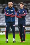 27 June 2025; Shelbourne interim head coach Joey O'Brien, left, with Shelbourne technical director Luke Byrne before the SSE Airtricity Men's Premier Division match between Galway United and Shelbourne at Eamonn Deacy Park in Galway. Photo by Piaras Ó Mídheach/Sportsfile