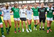 29 June 2025; Republic of Ireland players, from left, Ruesha Littlejohn, Erin Healy, Abbie Larkin, Tyler Toland, Dee Bradley, assistant head coach Alan Mahon and Saoirse Noonan after the women's international friendly match between the USA and Republic of Ireland at TQL Stadium in Cincinnati, Ohio, USA. Photo by Stephen McCarthy/Sportsfile