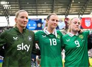 29 June 2025; Republic of Ireland players, from left, goalkeeper Sophie Whitehouse, Kyra Carusa and Amber Barrett after the women's international friendly match between the USA and Republic of Ireland at TQL Stadium in Cincinnati, Ohio, USA. Photo by Stephen McCarthy/Sportsfile
