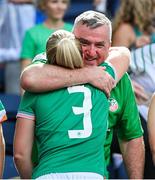 29 June 2025; Dee Bradley of Republic of Ireland with her father Brendan after the women's international friendly match between the USA and Republic of Ireland at TQL Stadium in Cincinnati, Ohio, USA.  Photo by Stephen McCarthy/Sportsfile