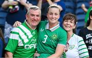 29 June 2025; Dee Bradley of Republic of Ireland with her parents Brendan and Ann Marie after the women's international friendly match between the USA and Republic of Ireland at TQL Stadium in Cincinnati, Ohio, USA.  Photo by Stephen McCarthy/Sportsfile