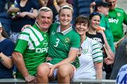 29 June 2025; Dee Bradley of Republic of Ireland with her parents Brendan and Ann Marie after the women's international friendly match between the USA and Republic of Ireland at TQL Stadium in Cincinnati, Ohio, USA.  Photo by Stephen McCarthy/Sportsfile