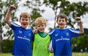 3 July 2025; Participants from left, Luke Dolan, Finn Baker and Euan King-Elmes during a Bank of Ireland Leinster Rugby Summer Camp at Stillorgan Rathfarnham RFC in Dublin. Photo by Sam Barnes/Sportsfile