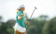3 July 2025; Sara Byrne of Ireland acknowledges the galleries after putting on the 12th green during day one of the 2025 KPMG Women’s Irish Open Golf Championship at Carton House Golf Club in Maynooth, Kildare. Photo by Seb Daly/Sportsfile