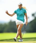 3 July 2025; Sara Byrne of Ireland acknowledges the galleries after putting on the 12th green during day one of the 2025 KPMG Women’s Irish Open Golf Championship at Carton House Golf Club in Maynooth, Kildare. Photo by Seb Daly/Sportsfile