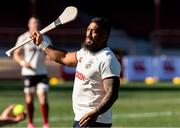 4 July 2025; Bundee Aki plays hurling after a British & Irish Lions captain's run at North Sydney Oval in Sydney, Australia. Photo by Steve Christo/Sportsfile