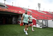 4 July 2025; Michael Milne, left, and Nathan Doak arrive for an Ireland rugby captain's run at Mikheil Meskhi Stadium in Tbilisi, Georgia. Photo by Brendan Moran/Sportsfile