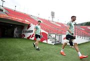 4 July 2025; Darragh Murray, left, and Tom Ahern arrive for an Ireland rugby captain's run at Mikheil Meskhi Stadium in Tbilisi, Georgia. Photo by Brendan Moran/Sportsfile