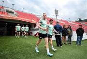 4 July 2025; Ciaran Frawley, left, and Calvin Nash arrive for an Ireland rugby captain's run at Mikheil Meskhi Stadium in Tbilisi, Georgia. Photo by Brendan Moran/Sportsfile