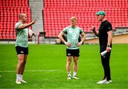 4 July 2025; Jacob Stockdale, left, and Tommy O’Brien with head coach Paul O'Connell during an Ireland rugby captain's run at Mikheil Meskhi Stadium in Tbilisi, Georgia. Photo by Brendan Moran/Sportsfile