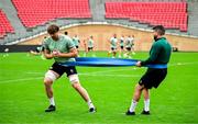 4 July 2025; Ryan Baird, left, and head of performance Nick Winkleman during an Ireland rugby captain's run at Mikheil Meskhi Stadium in Tbilisi, Georgia. Photo by Brendan Moran/Sportsfile