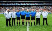 29 June 2025; Referee Brendan Cawley with his match officials before the GAA Football All-Ireland Senior Championship quarter-final match between Armagh and Kerry at Croke Park in Dublin. Photo by Piaras Ó Mídheach/Sportsfile