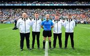 29 June 2025; Referee Brendan Cawley with his umpires before the GAA Football All-Ireland Senior Championship quarter-final match between Armagh and Kerry at Croke Park in Dublin. Photo by Piaras Ó Mídheach/Sportsfile