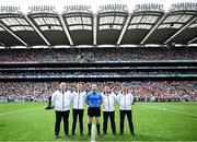 29 June 2025; Referee Brendan Cawley with his umpires before the GAA Football All-Ireland Senior Championship quarter-final match between Armagh and Kerry at Croke Park in Dublin. Photo by Piaras Ó Mídheach/Sportsfile