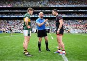 29 June 2025; Referee Brendan Cawley with team captains Gavin White of Kerry, left, and Aidan Forker of Armagh before the GAA Football All-Ireland Senior Championship quarter-final match between Armagh and Kerry at Croke Park in Dublin. Photo by Piaras Ó Mídheach/Sportsfile