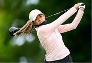 4 July 2025; Brianna Navarrosa of USA watches her tee shot on the 18th hole during day two of the 2025 KPMG Women’s Irish Open Golf Championship at Carton House Golf Club in Maynooth, Kildare. Photo by Seb Daly/Sportsfile