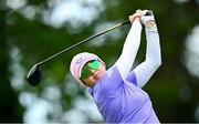 4 July 2025; Elena Moosmann of Switzerland watches her tee shot on the 18th hole during day two of the 2025 KPMG Women’s Irish Open Golf Championship at Carton House Golf Club in Maynooth, Kildare. Photo by Seb Daly/Sportsfile