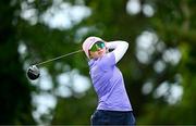 4 July 2025; Elena Moosmann of Switzerland watches her tee shot on the 18th hole during day two of the 2025 KPMG Women’s Irish Open Golf Championship at Carton House Golf Club in Maynooth, Kildare. Photo by Seb Daly/Sportsfile