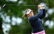 4 July 2025; Anne-Charlotte Mora of France watches her tee shot on the 18th hole during day two of the 2025 KPMG Women’s Irish Open Golf Championship at Carton House Golf Club in Maynooth, Kildare. Photo by Seb Daly/Sportsfile
