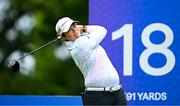 4 July 2025; Danielle Du Toit of South Africa watches her tee shot on the 18th hole during day two of the 2025 KPMG Women’s Irish Open Golf Championship at Carton House Golf Club in Maynooth, Kildare. Photo by Seb Daly/Sportsfile