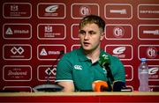 4 July 2025; Captain Craig Casey during a media conference after the Ireland rugby captain's run at Mikheil Meskhi Stadium in Tbilisi, Georgia. Photo by Brendan Moran/Sportsfile