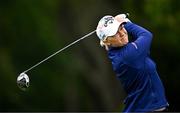 4 July 2025; Madelene Sagstrom of Sweden watches her tee shot on the first hole during day two of the 2025 KPMG Women’s Irish Open Golf Championship at Carton House Golf Club in Maynooth, Kildare. Photo by Seb Daly/Sportsfile