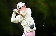 4 July 2025; Mimi Rhodes of England watches her tee shot on the first hole during day two of the 2025 KPMG Women’s Irish Open Golf Championship at Carton House Golf Club in Maynooth, Kildare. Photo by Seb Daly/Sportsfile