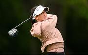 4 July 2025; Cara Gainer of England watches her tee shot on the first hole during day two of the 2025 KPMG Women’s Irish Open Golf Championship at Carton House Golf Club in Maynooth, Kildare. Photo by Seb Daly/Sportsfile