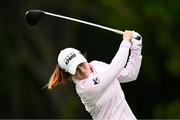 4 July 2025; Leona Maguire of Ireland watches her tee shot on the first hole during day two of the 2025 KPMG Women’s Irish Open Golf Championship at Carton House Golf Club in Maynooth, Kildare. Photo by Seb Daly/Sportsfile