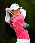 4 July 2025; Aine Donegan of Ireland watches her tee shot on the first hole during day two of the 2025 KPMG Women’s Irish Open Golf Championship at Carton House Golf Club in Maynooth, Kildare. Photo by Seb Daly/Sportsfile