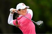 4 July 2025; Aine Donegan of Ireland watches her tee shot on the first hole during day two of the 2025 KPMG Women’s Irish Open Golf Championship at Carton House Golf Club in Maynooth, Kildare. Photo by Seb Daly/Sportsfile