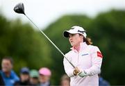 4 July 2025; Leona Maguire of Ireland watches her tee shot on the fourth hole during day two of the 2025 KPMG Women’s Irish Open Golf Championship at Carton House Golf Club in Maynooth, Kildare. Photo by Seb Daly/Sportsfile