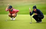 4 July 2025; Emma Fleming of Ireland, left, and Tereza Melecka of Czechia line up their putts on the fifth green during day two of the 2025 KPMG Women’s Irish Open Golf Championship at Carton House Golf Club in Maynooth, Kildare. Photo by Seb Daly/Sportsfile