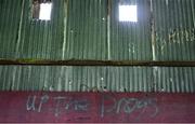 4 July 2025; Graffiti is seen in the away stand before the SSE Airtricity Men's Premier Division match between Drogheda United and Galway United at Sullivan & Lambe Park in Drogheda, Louth. Photo by Tyler Miller/Sportsfile